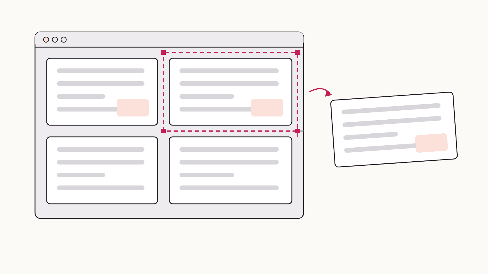 Illustration of a Mac window with a crosshair cursor dragging a dashed selection over one card, and the snipped card shown beside it.