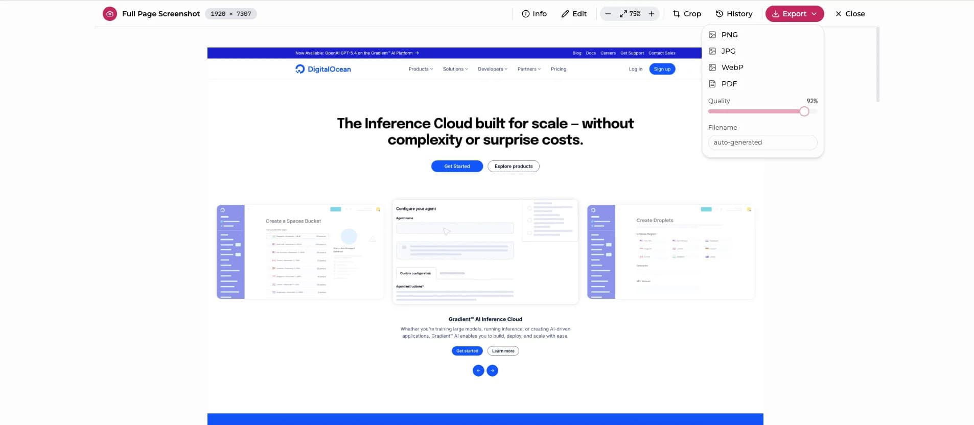 Export menu with format and quality options