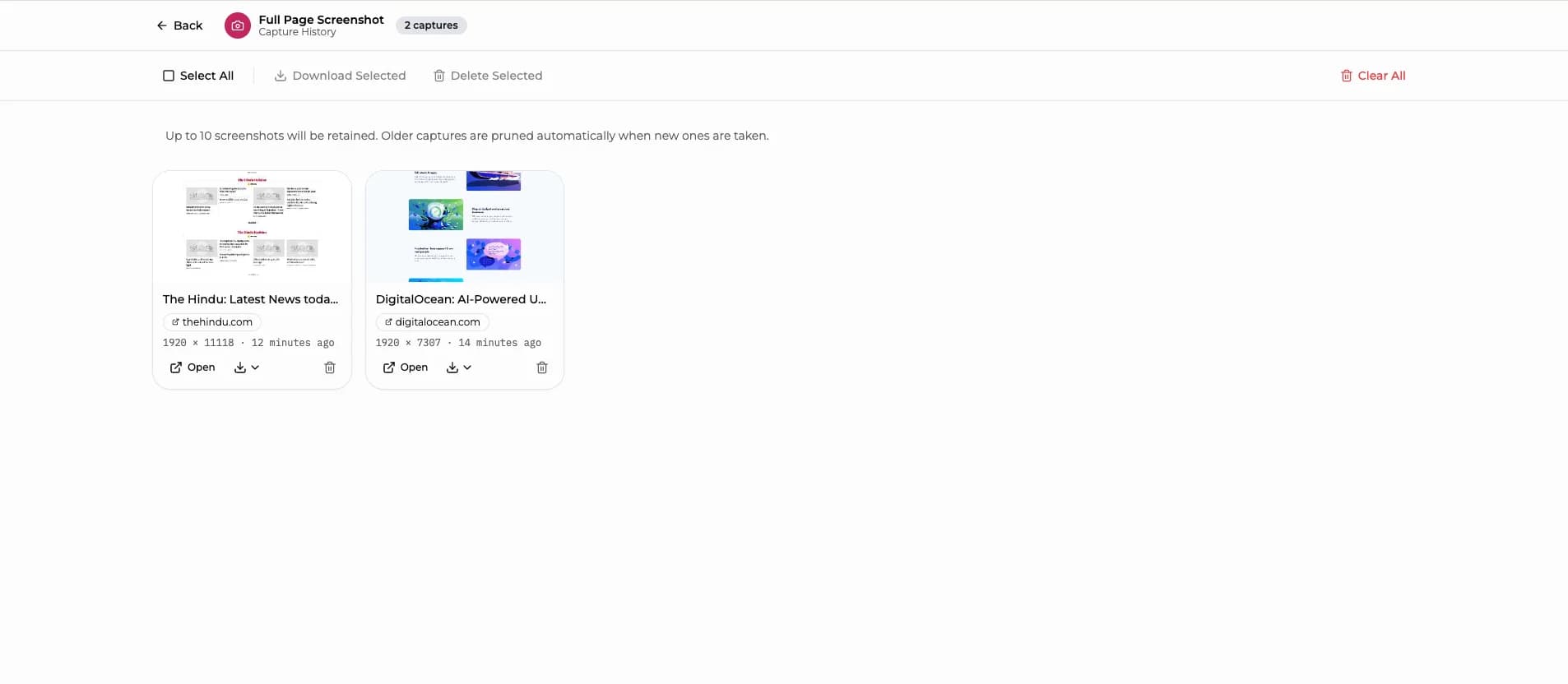 Full Page Screenshot history page showing grid of captured screenshots
