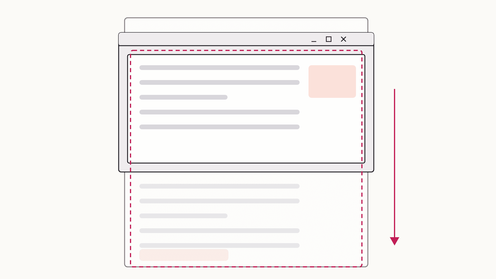 Illustration of a Windows-style window showing the top of a long page, with the page continuing below the window as one tall capture outlined in a dashed line.