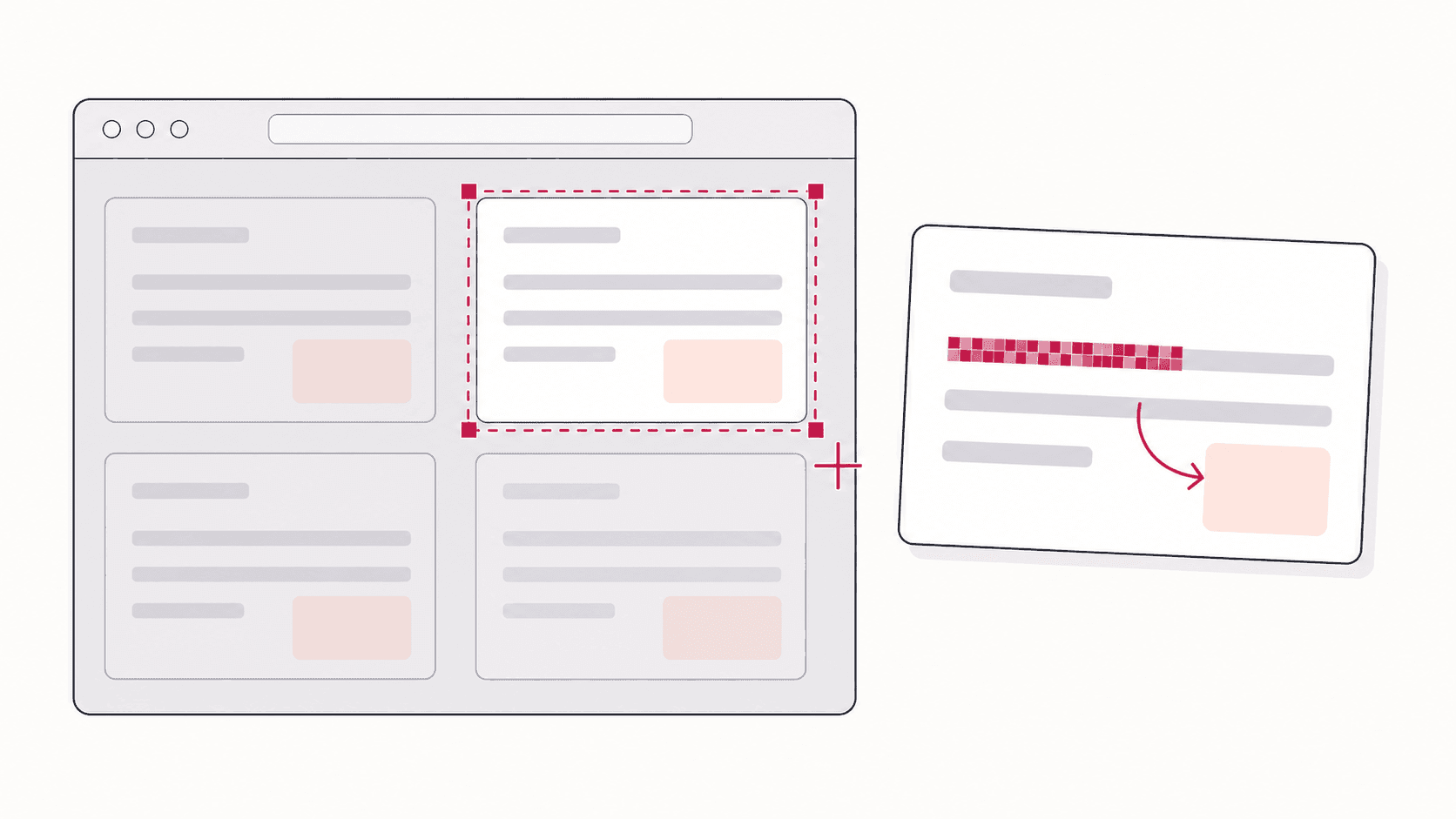Illustration of a browser window with a dashed snip selection around one card, and the snipped card beside it with a blurred line and an arrow annotation.